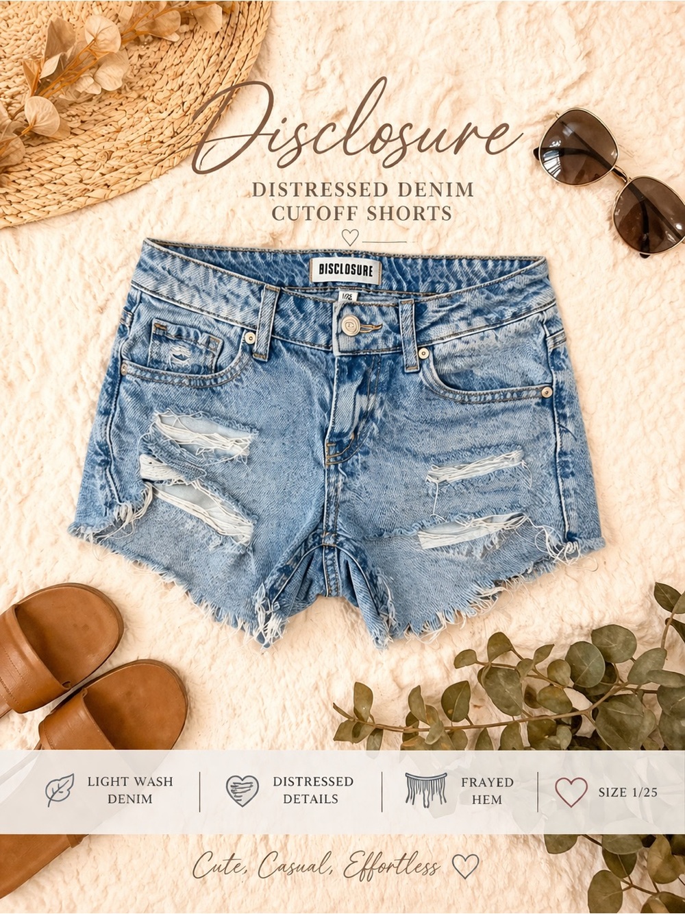 Disclosure Distressed Denim Cutoff Shorts Size 1/25 Light Wash